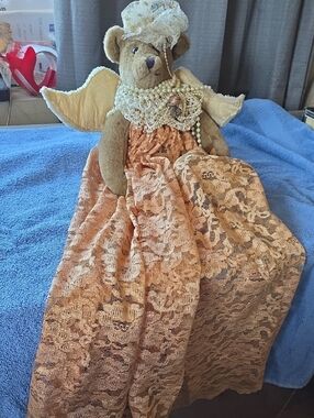 Plush Angel Bear Doll in Peach Lace Dress